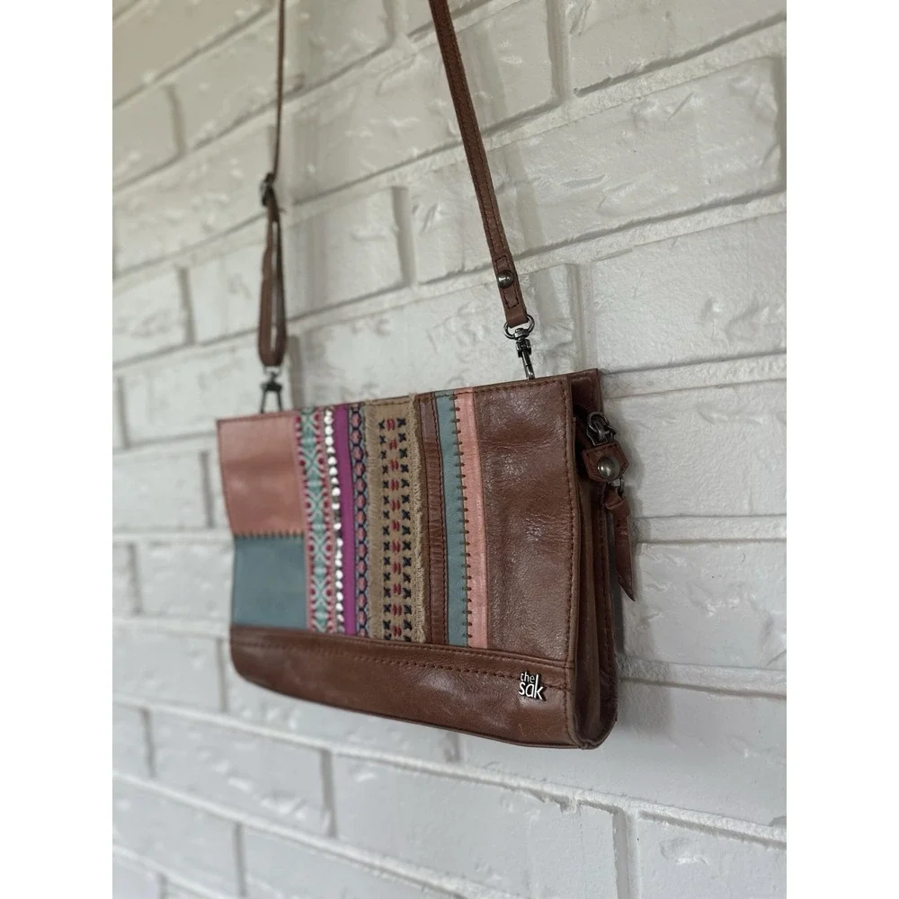 The‎ Sak Cognac/Multicolor Leather Patchwork Crossbody Zip Bag
